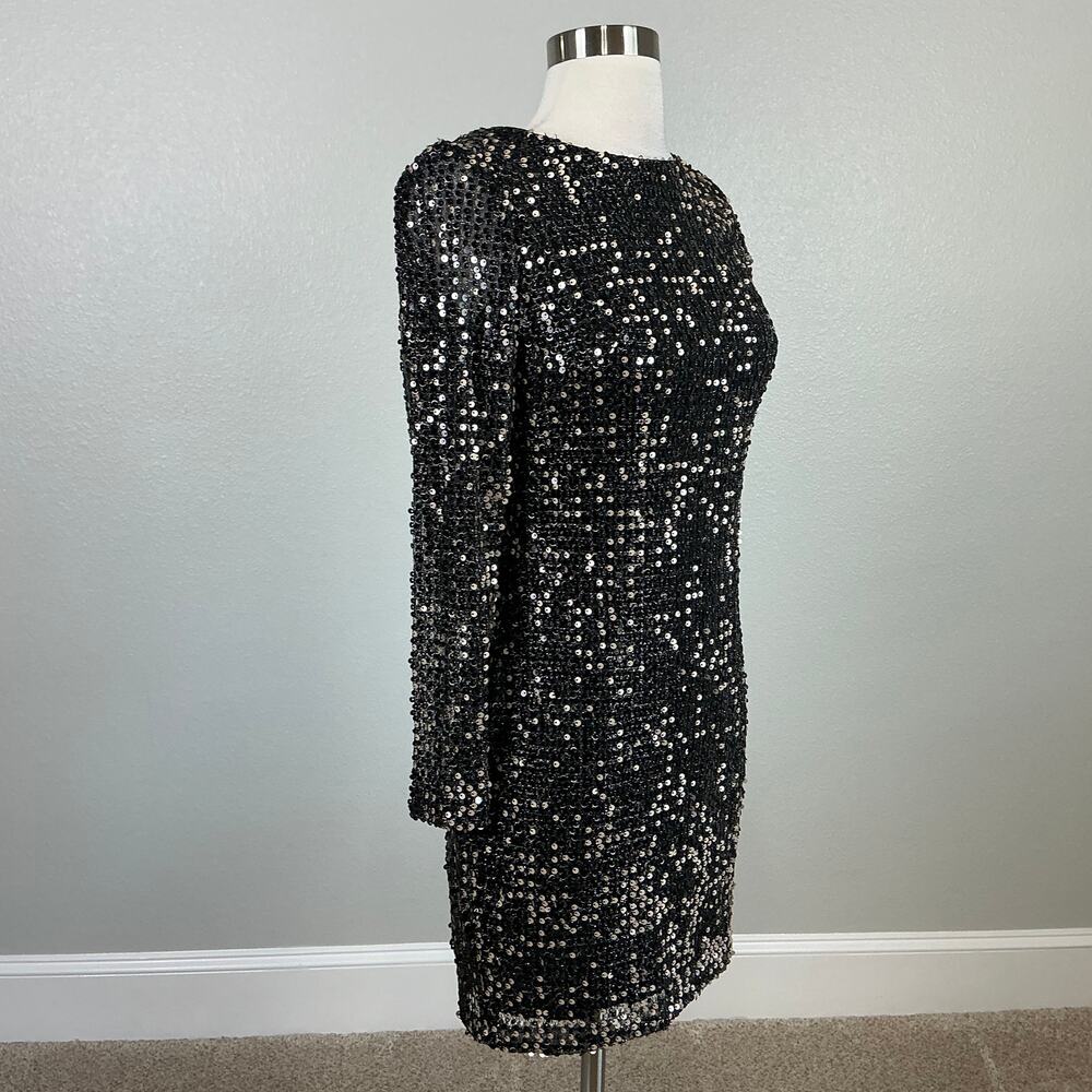 Betsy & Adam Black Sequined Long Sleeve Mini Sheath Cocktail Dress Size 4 LBD - Picture 4 of 13